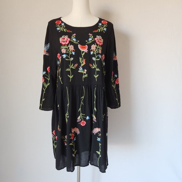Maeve Anthropologie Allison Floral Bird Embroidered Tunic Bohemian Dress Black - Picture 1 of 14